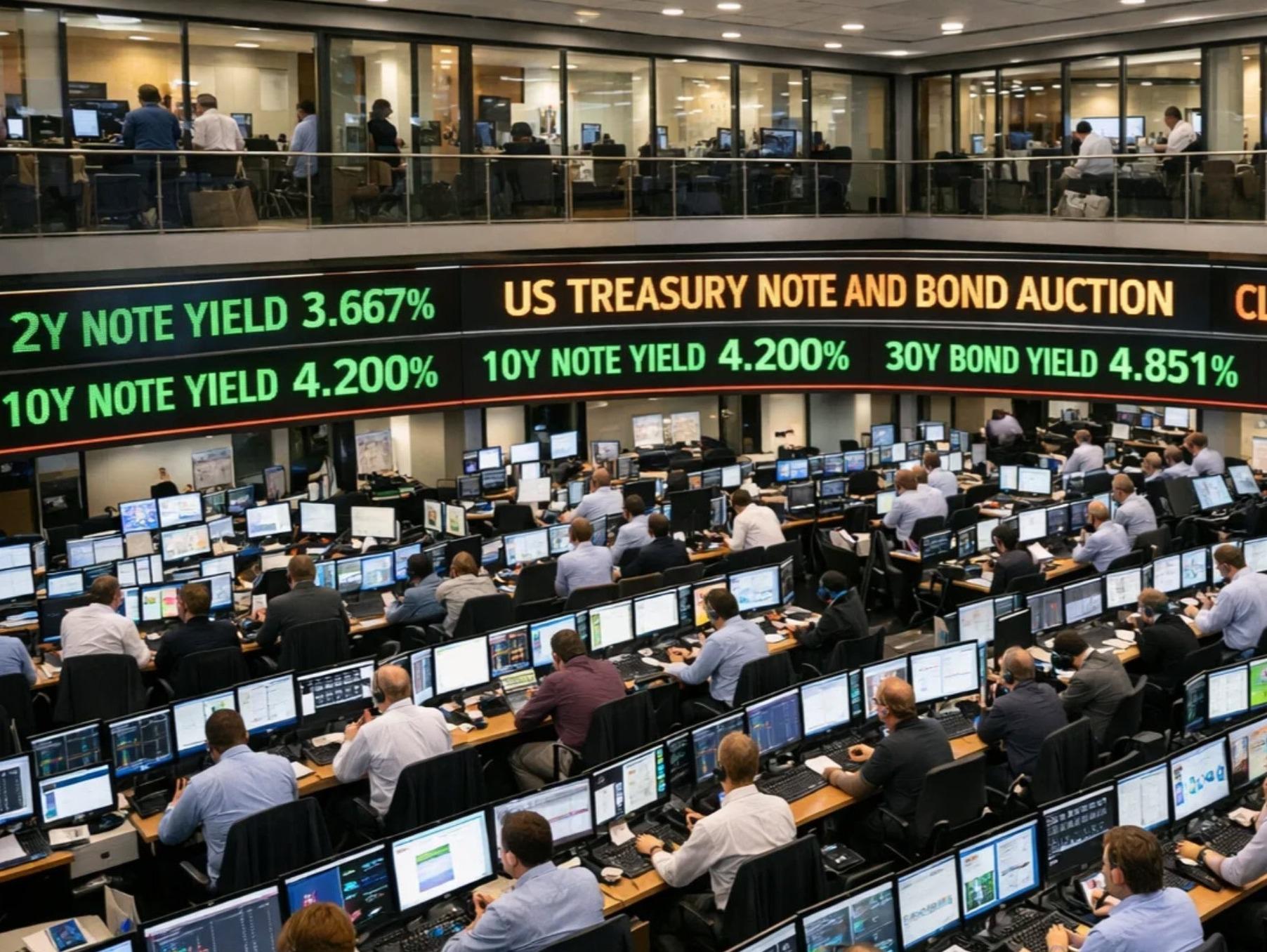 US treasury auctions off $13 billion of 20 year bonds at a high yield of 5.163%